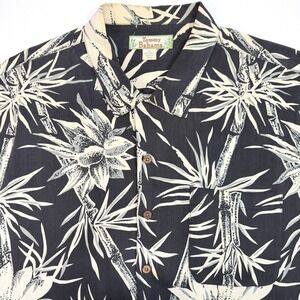 Tommy Bahama Camp Shirt Mens XL Black Silk Floral Bamboo Button Up Vacation Wear